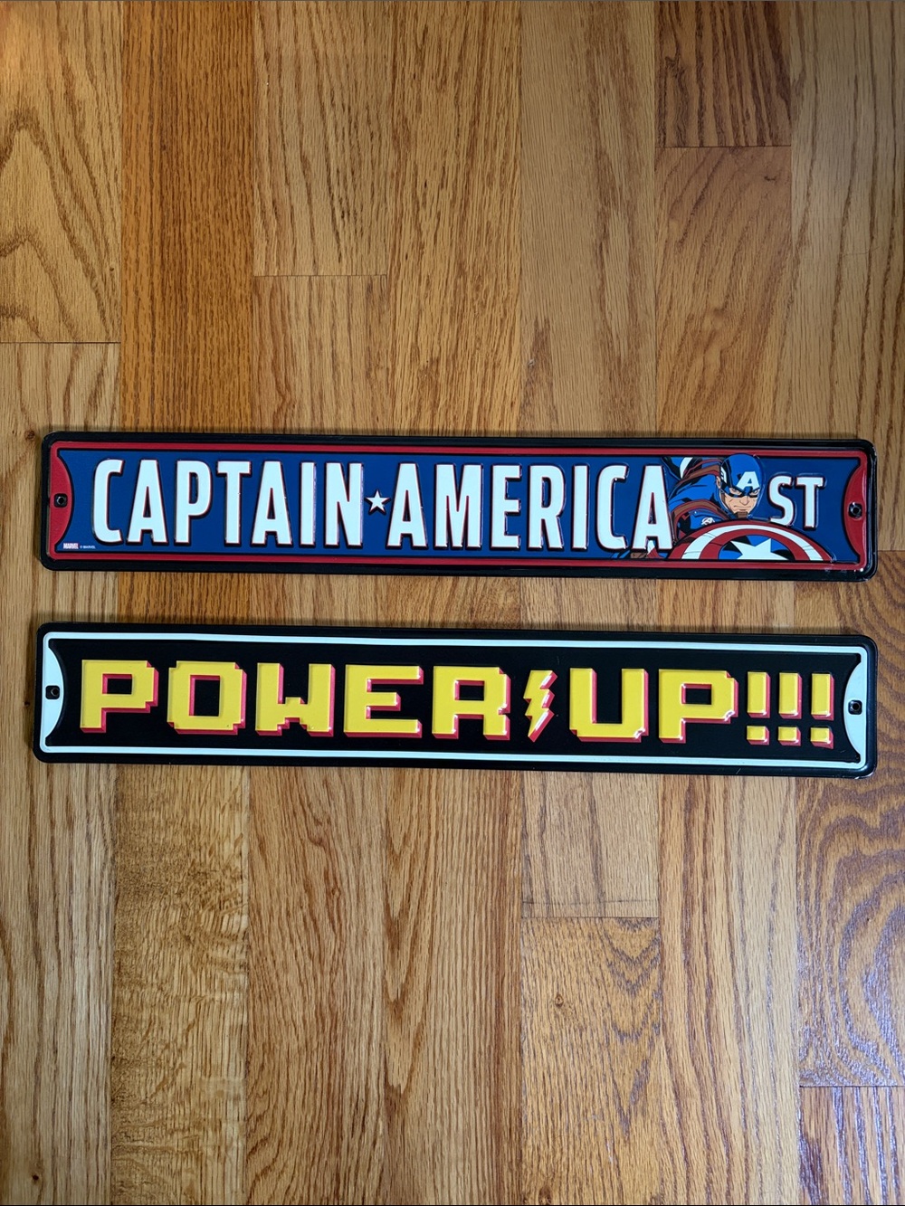 Captain America & POWER UP!!! Metal Wall Signs - Red, Blue, Yellow. Set of 2